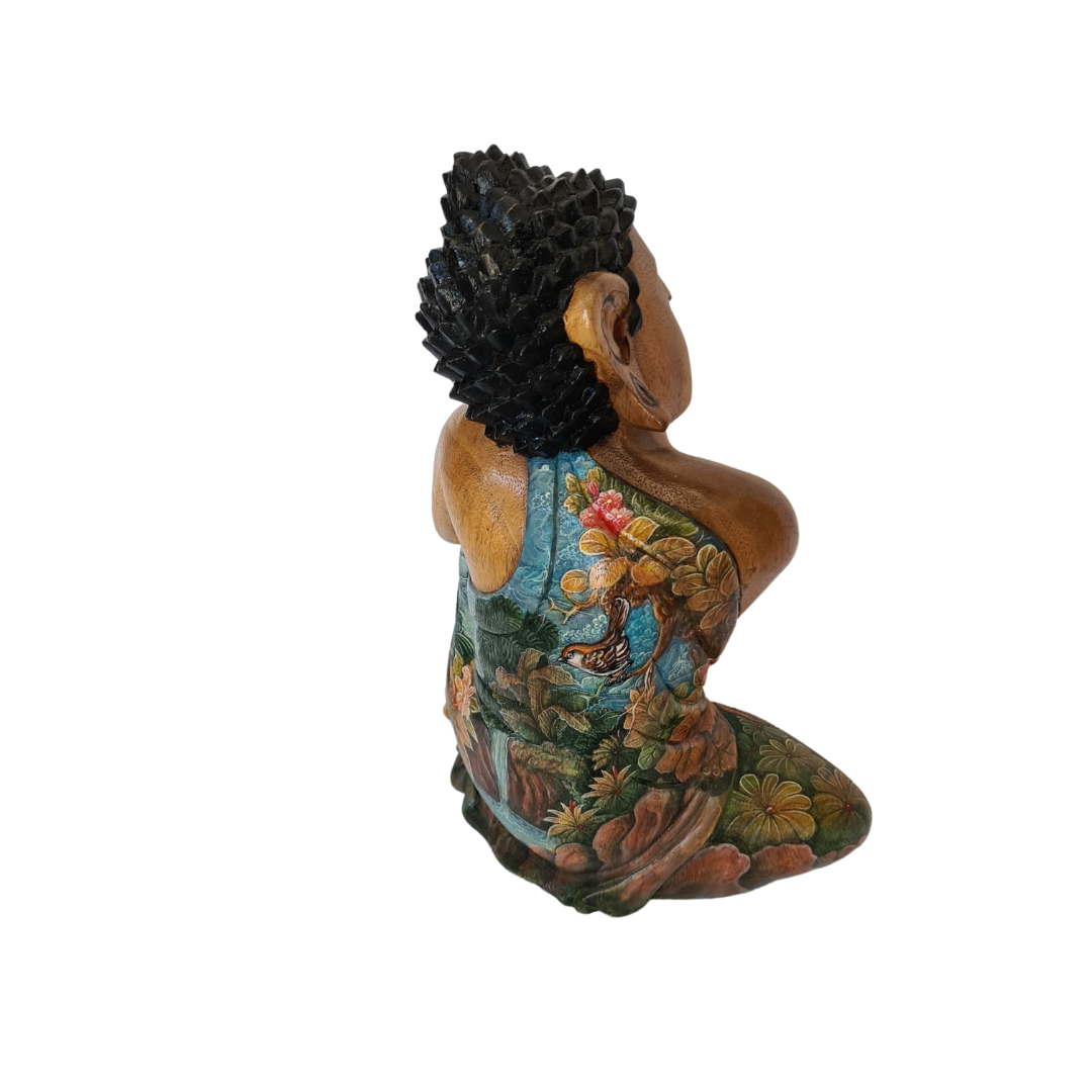 Budha wooden carved figure in relaxed position with hand painted motif&