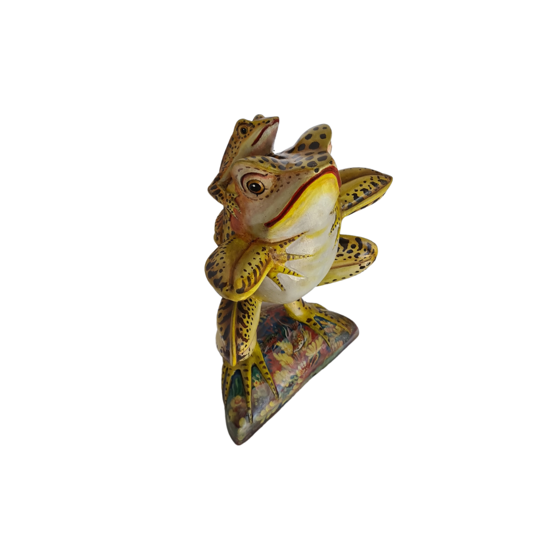 Frog figure standing position with baby on back yellow 25 cm tall