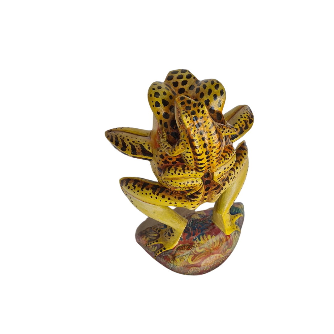 Frog figure standing position with baby on back yellow 25 cm tall