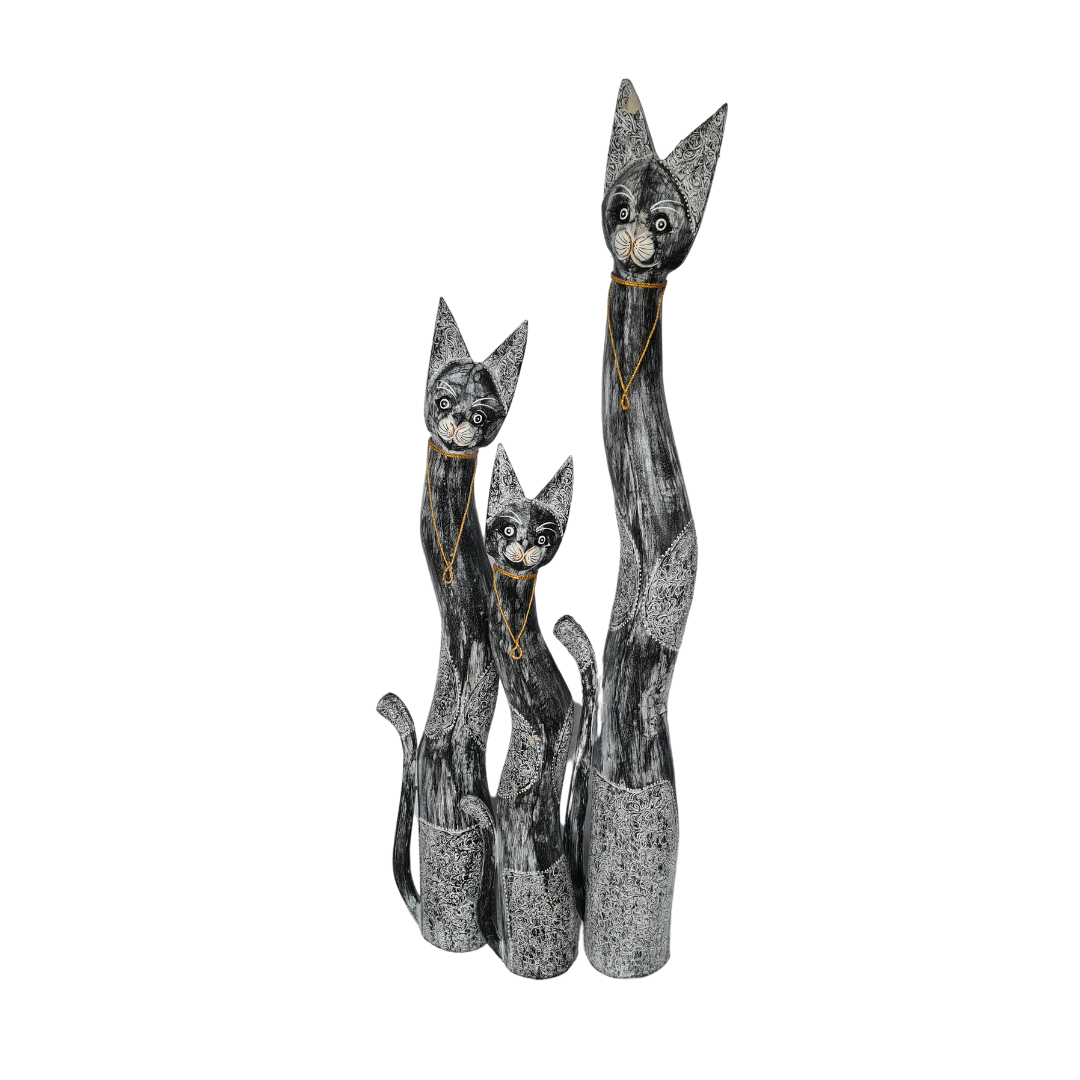 Cat figurines set of 3 black wash 150, 120 & 100 cm tall