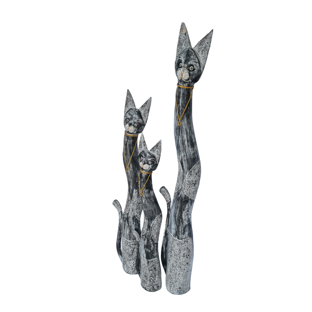 Cat figurines set of 3 black wash 150, 120 & 100 cm tall
