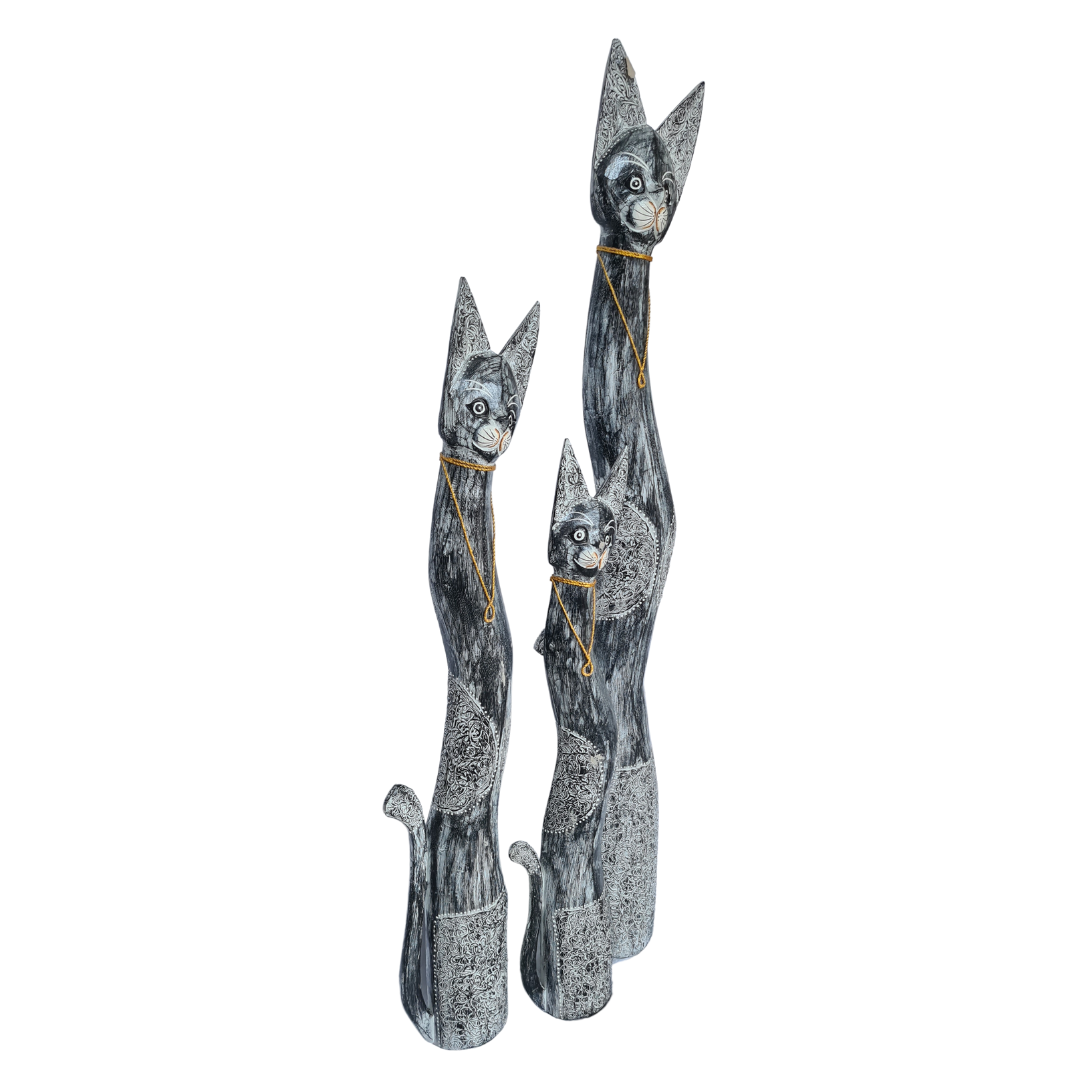 Cat figurines set of 3 black wash 150, 120 & 100 cm tall