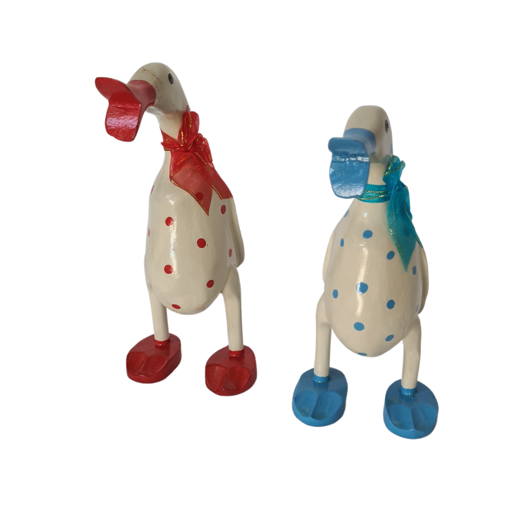 Duck wooden set of two in pokadots red & blue 25 cm