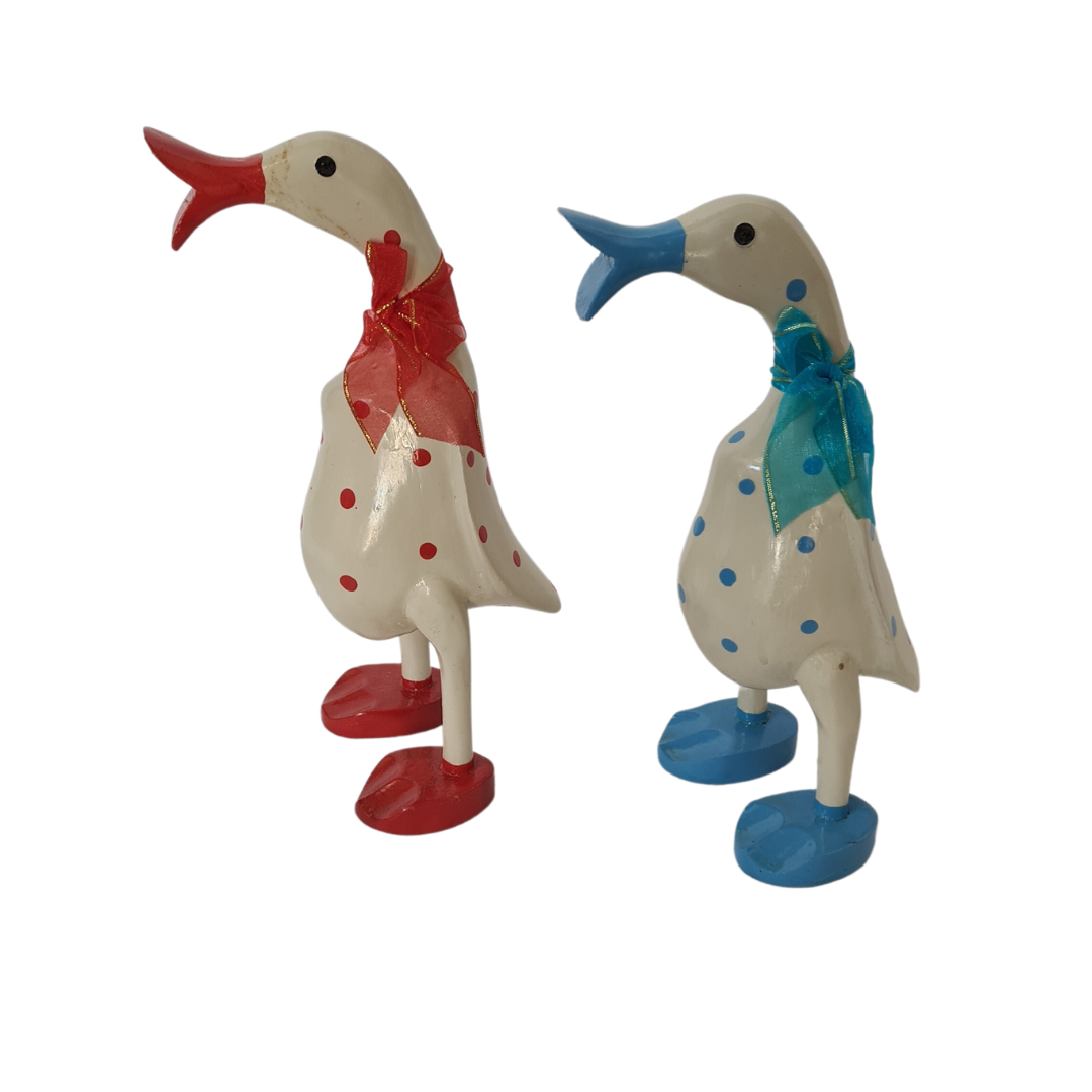Duck wooden set of two in pokadots red & blue 25 cm