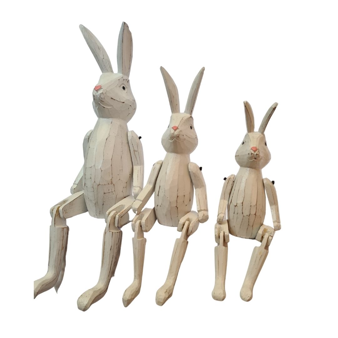 Wooden Rabbits, white with flexible arms & legs - set of 3 - 15, 20 & 25cm