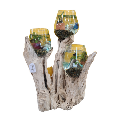 Glass jars, set of 3 hand blown 12 cm diameter forged to wooden stand
