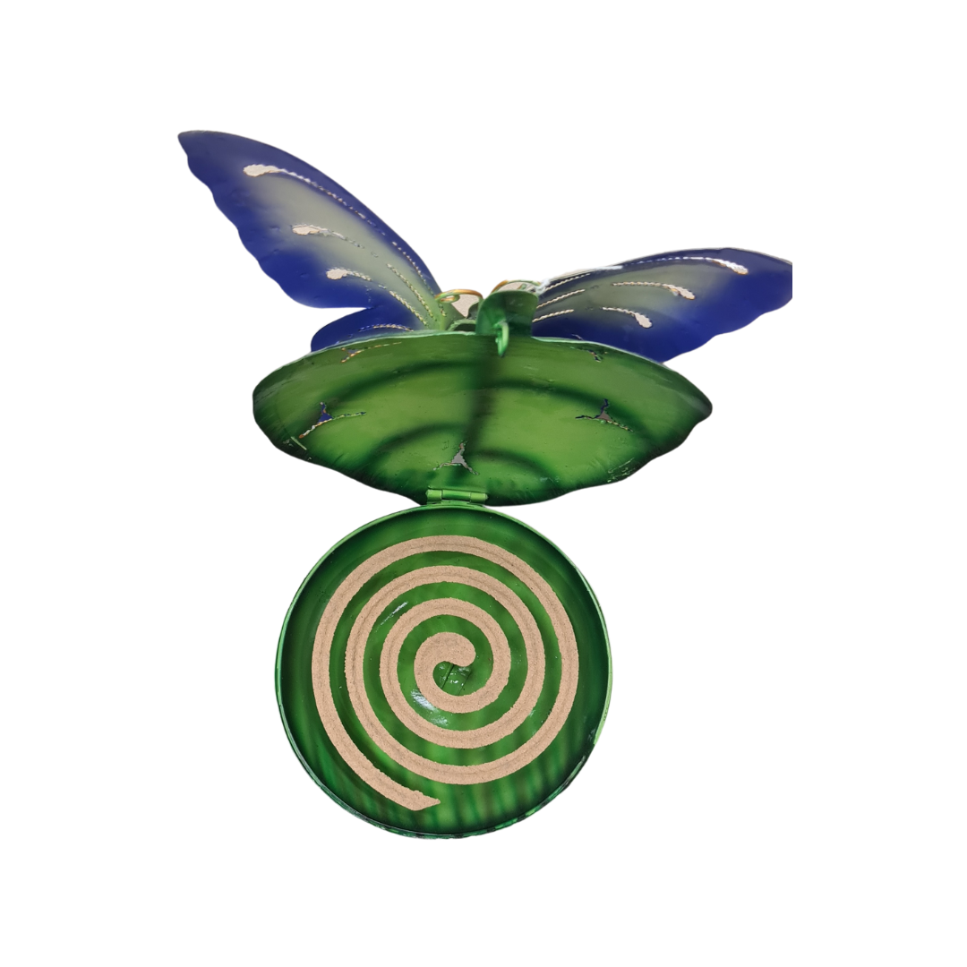 Mosquito coil holder blue butterfly on green leaf