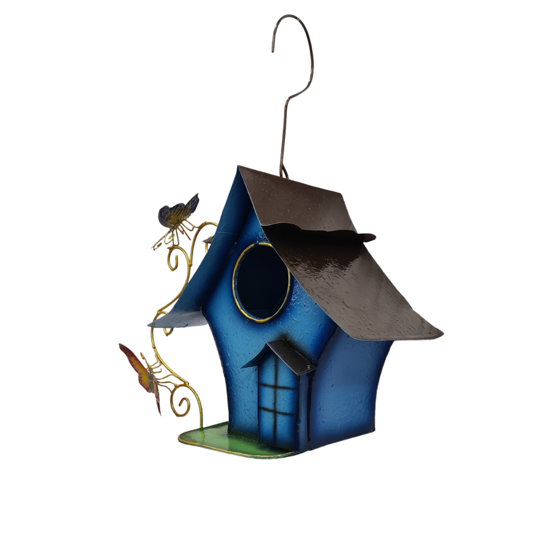 Bird house in blue metal hanging with butterflies on the side