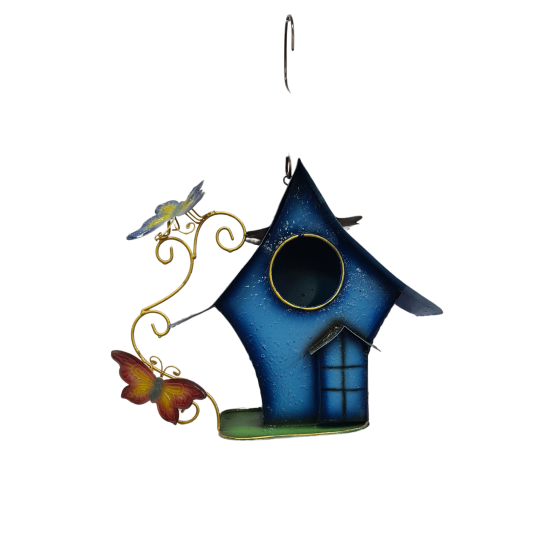 Bird house in blue metal hanging with butterflies on the side