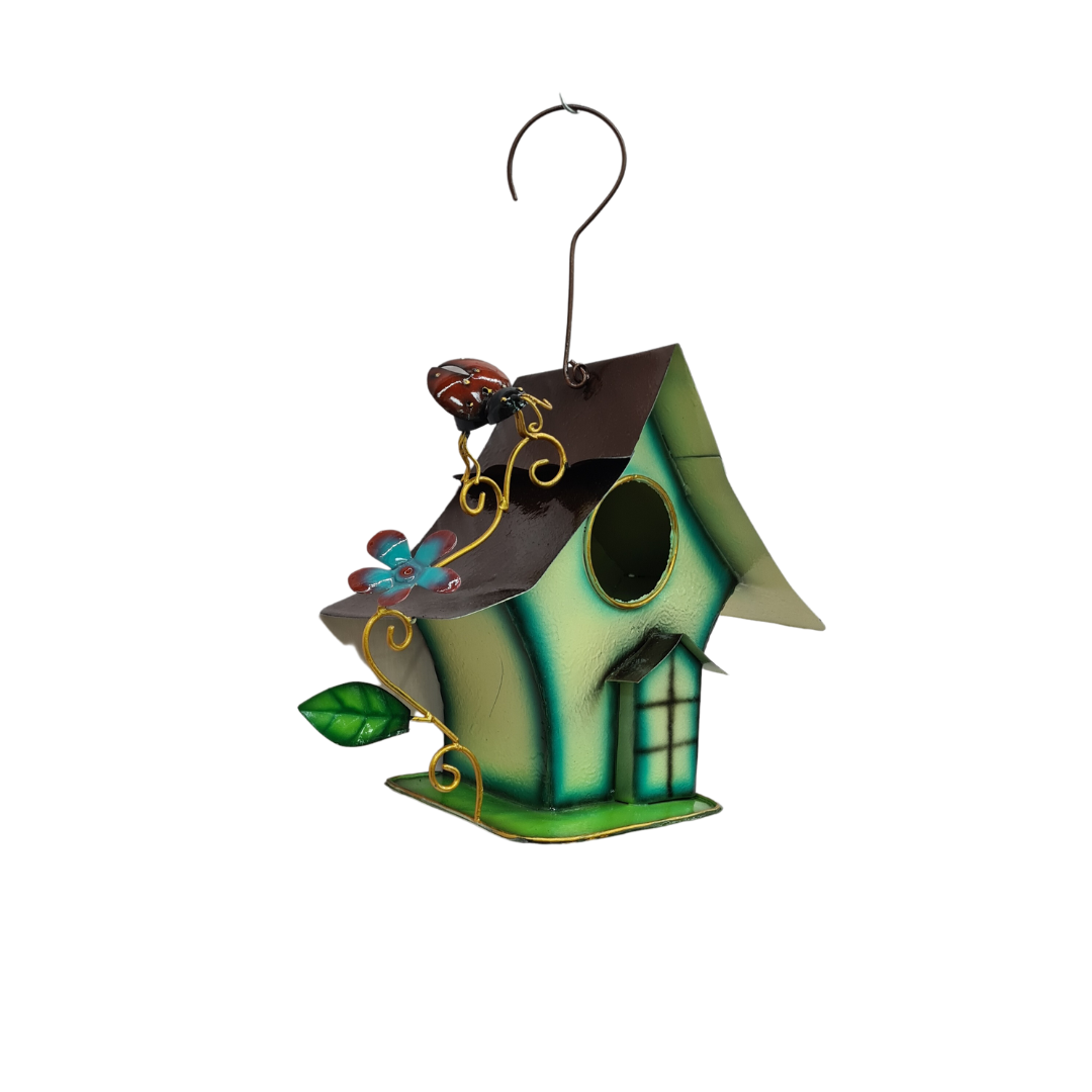 Bird house in turquoise metal hanging with a bug and butterfly on the side