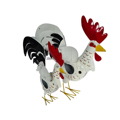Metal chickens set of 2 tea light holders white and black 35 &amp; 25 cm tall