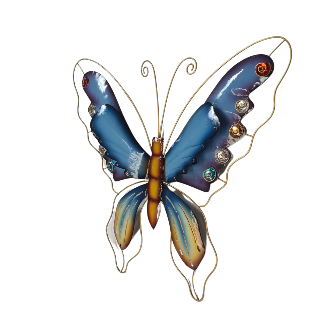 Metal butterfly wall hanging in blue colours with gems 50 cm