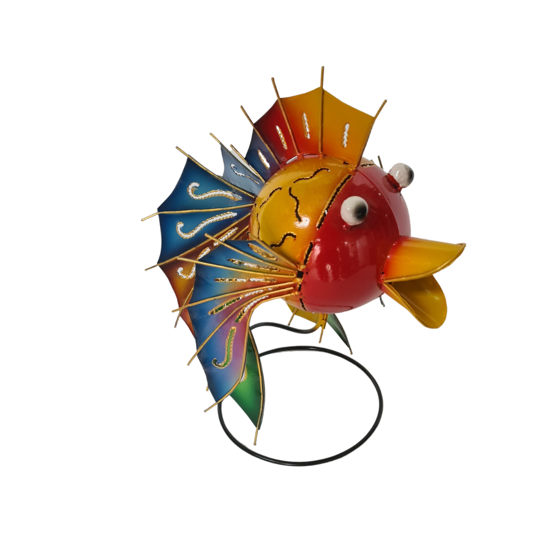 Metal fish multi coloured on stand as tea light holder 24 cm high