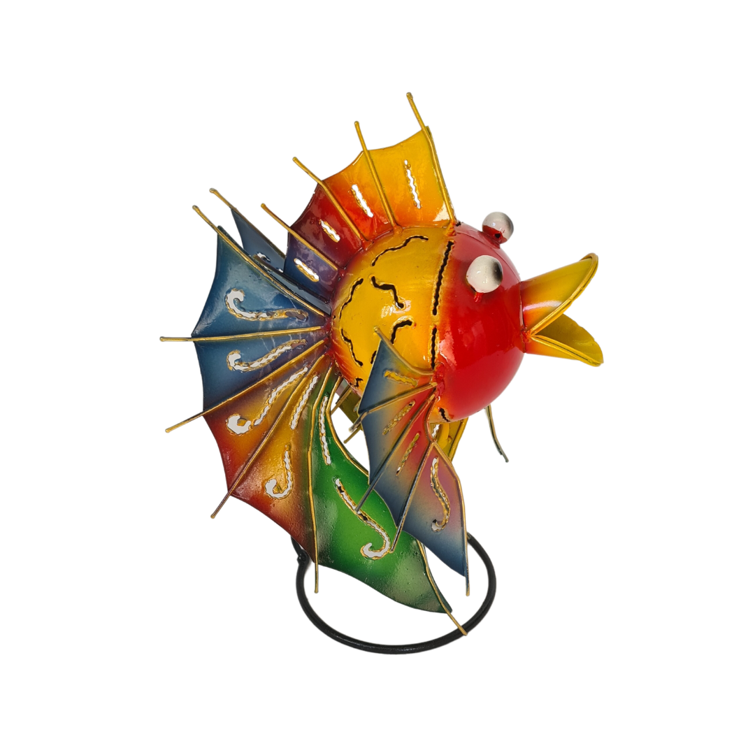 Metal fish multi coloured on stand as tea light holder 20 cm high