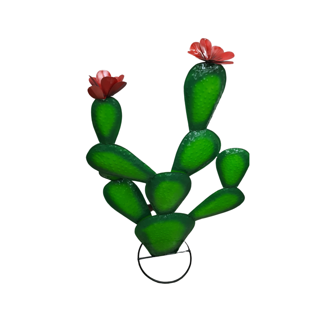 Cactus metal art in green with flowers 100 cm tall
