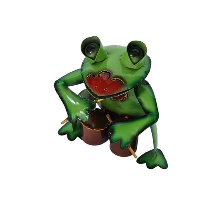 Frog green sitting playing drums tea light holder 16 x 15 cm