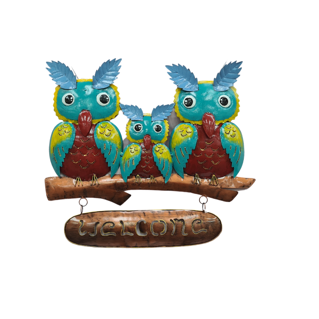 Owl family &quot;welcome&quot; metal art blue 50 cm