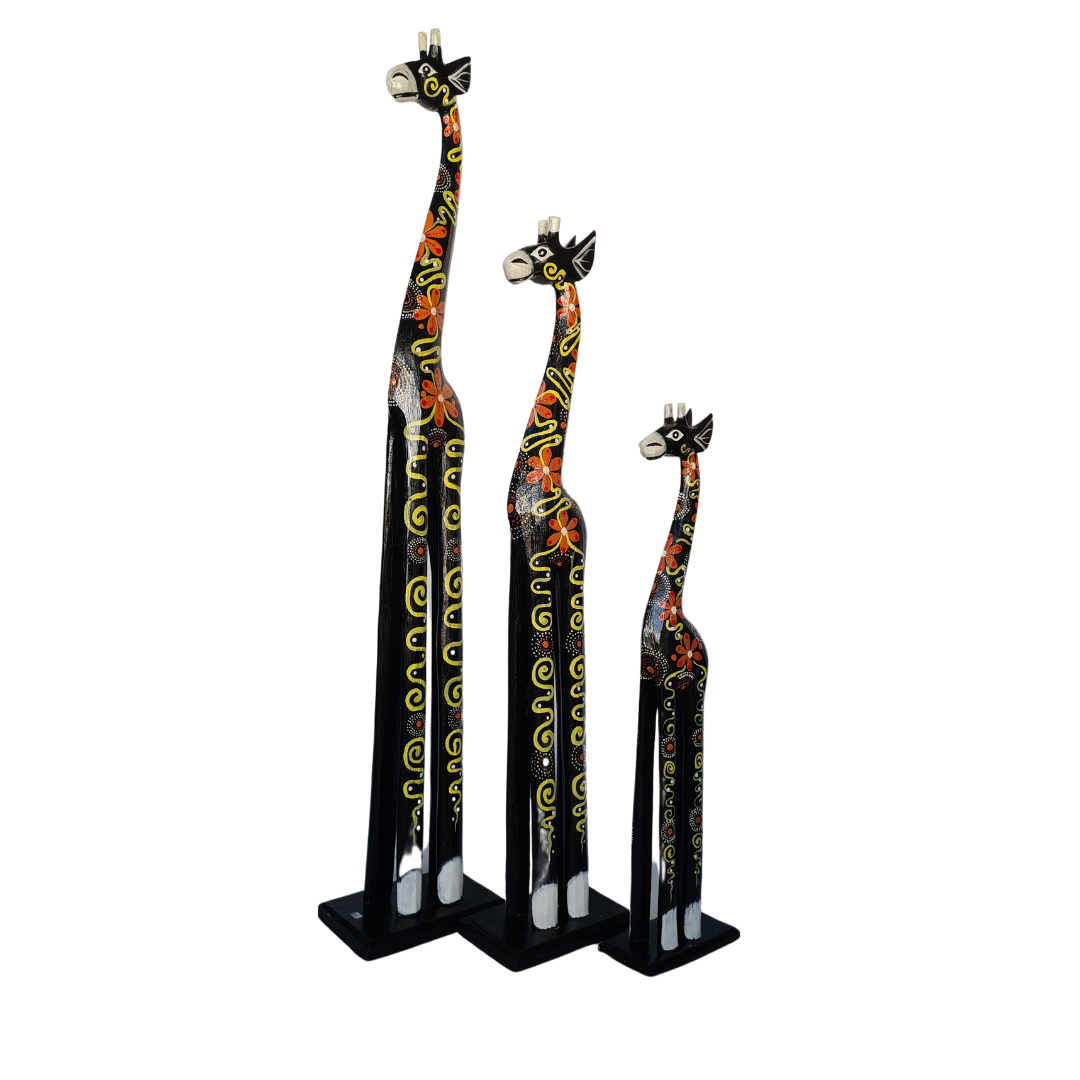 Wooden giraffe as set of 3 dark brown with orange motifs (100, 80, 60cm) (B)