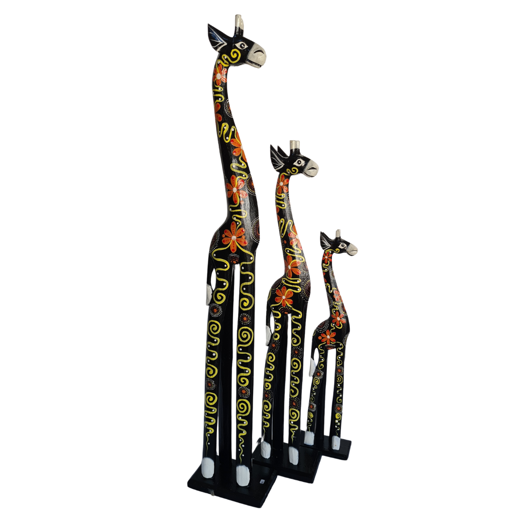 Wooden giraffe as set of 3 dark brown with orange motifs (100, 80, 60cm) (B)