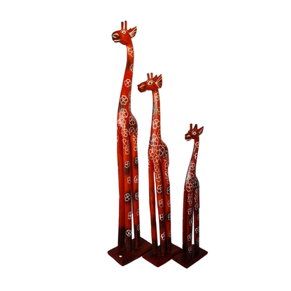 Wooden giraffe as set of 3 red/orange background flower patterns (100, 80, 60cm) (C)