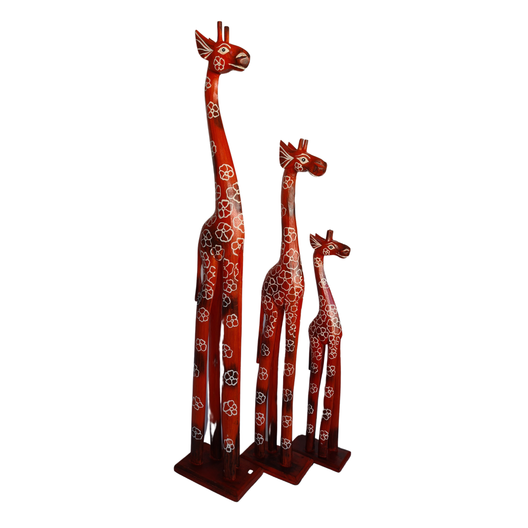 Wooden giraffe as set of 3 red/orange background (100, 80, 60cm) (C)