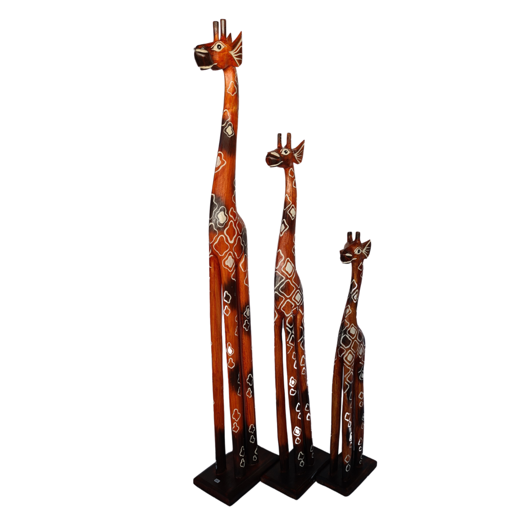 Wooden giraffe as set of 3 orange/brown with motifs (100, 80, 60cm) (D)