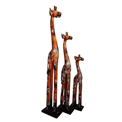 Wooden giraffe as set of 3 orange/brown with motifs (100, 80, 60cm) (D)