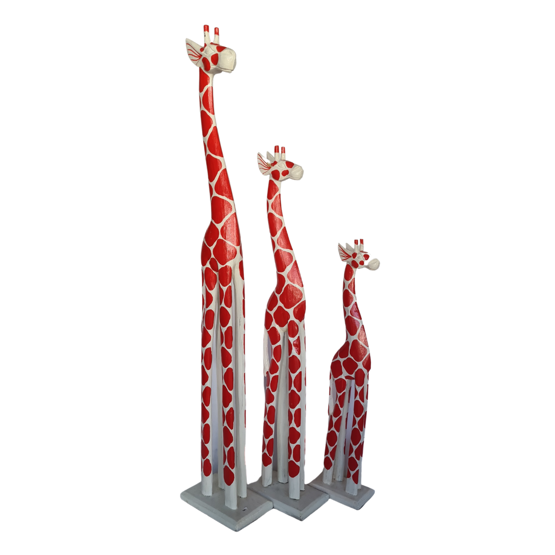 Wooden giraffe as set of 3 white with traditional orange markings (100, 80, 60cm) (E)