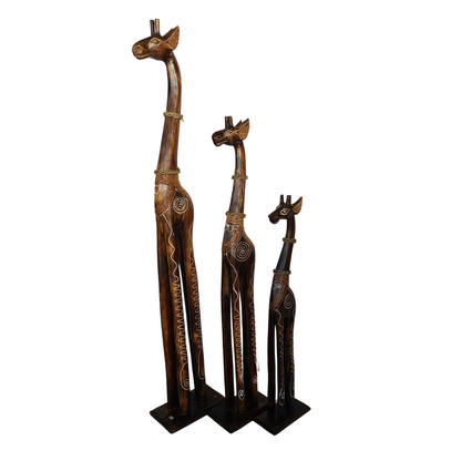 Wooden Giraffe as set of 3 dark background with motifs (100, 80, 60cm) (G)