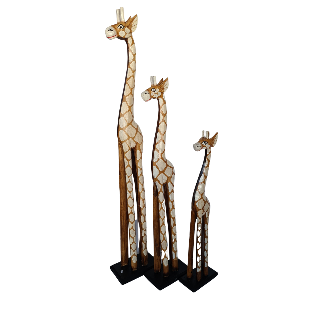 Wooden Giraffe as set of 3 brown with traditional white markings (100, 80, 60cm) (H)