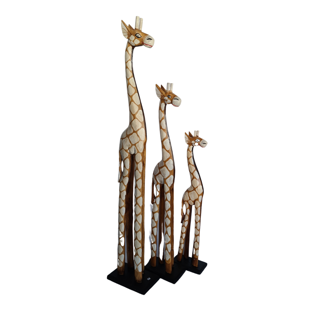 Wooden Giraffe as set of 3 brown with traditional white markings (100, 80, 60cm) (H)
