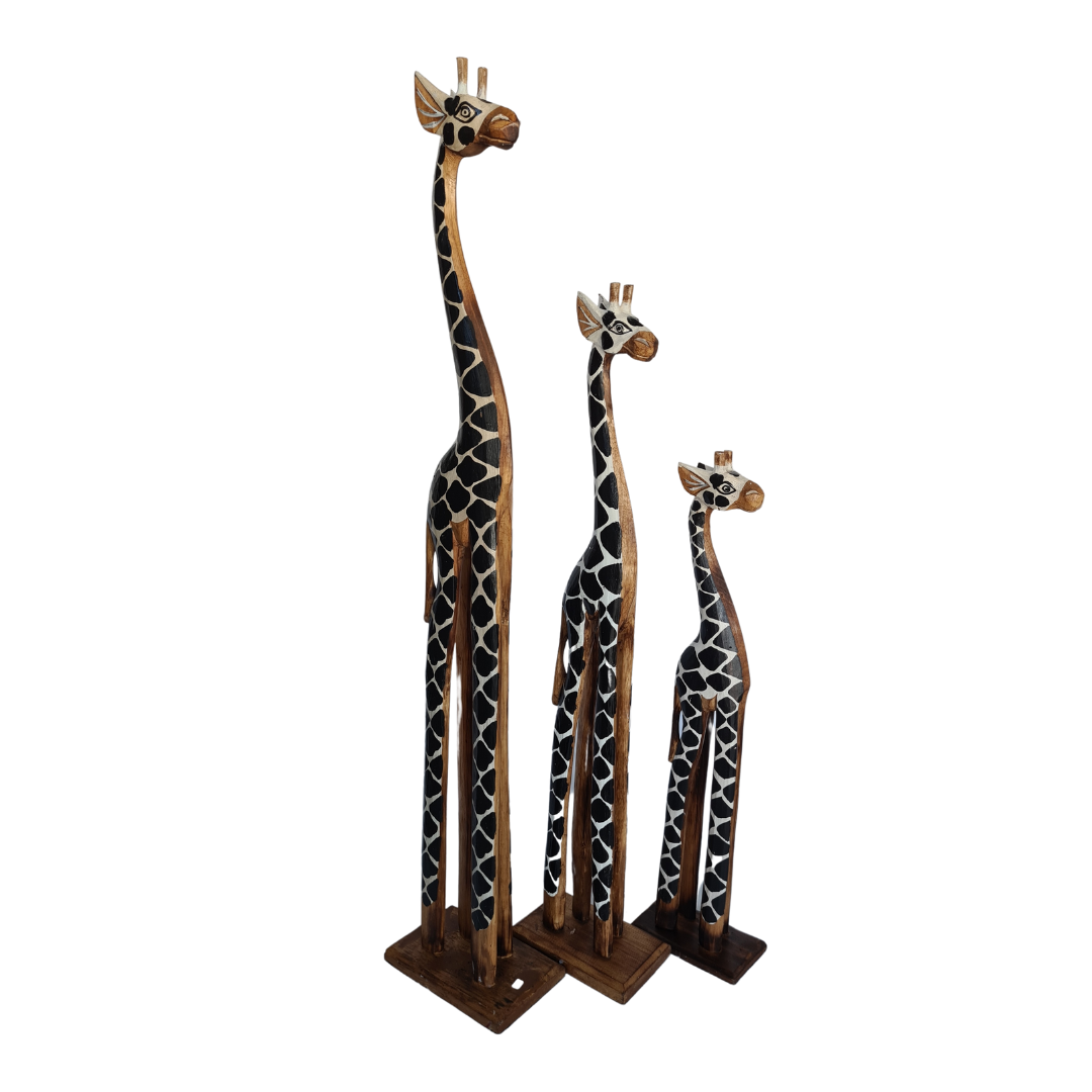 Wooden Giraffe as set of 3 light brown with black traditional markings (100, 80, 60cm) (J)