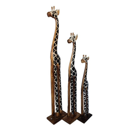 Wooden Giraffe as set of 3 light brown with black traditional markings (100, 80, 60cm) (J)