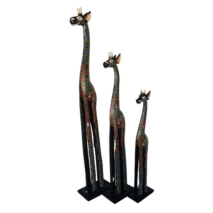 Wooden giraffe as set of 3 black background with colourful motifs (100, 80, 60cm) (K)