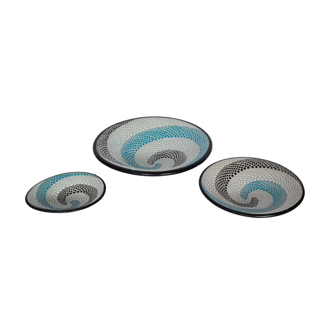 Ceramic patterned bowls set of 3 swirl pattern in blue, white and black