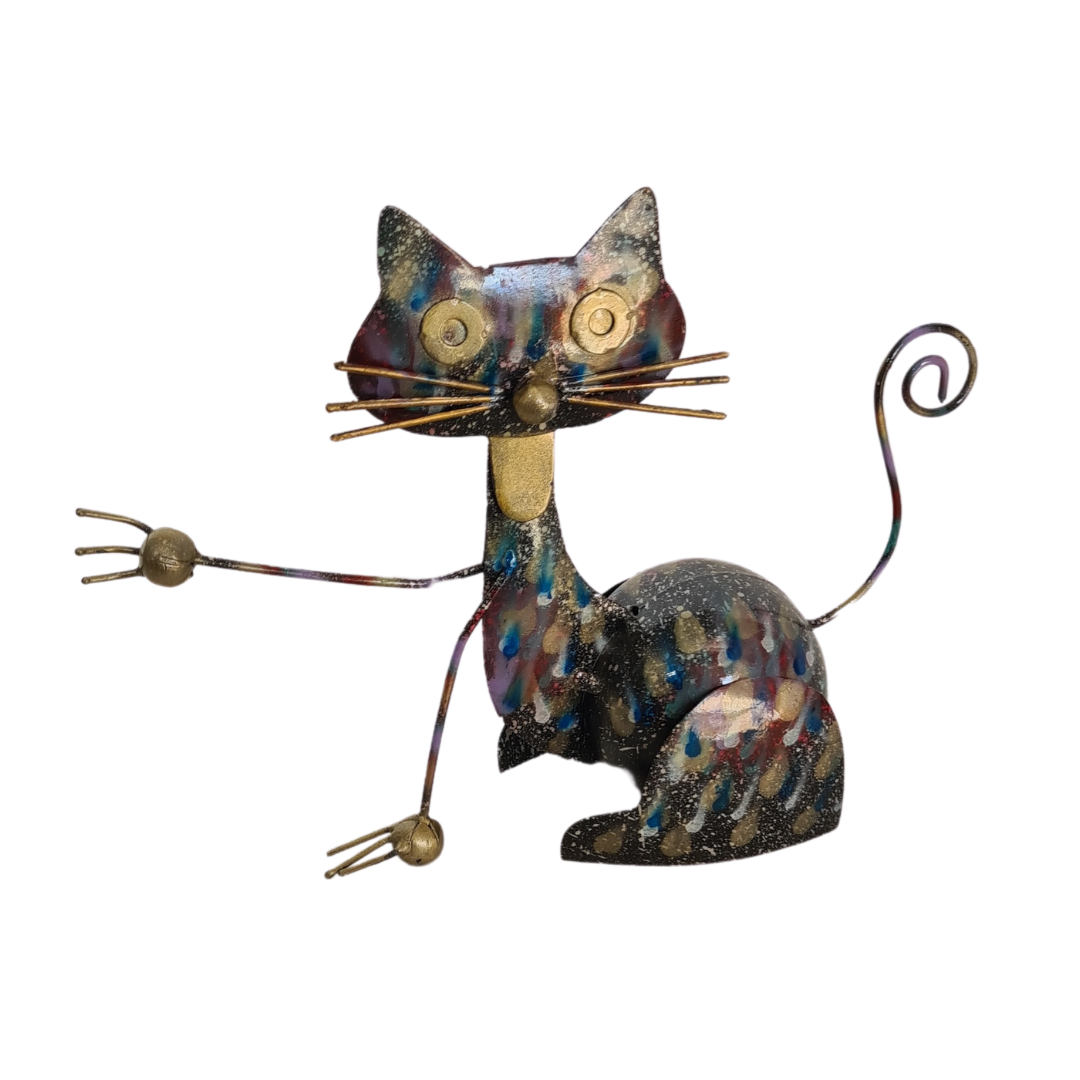 Cat metal figurine waving hello 20 x 6 cm