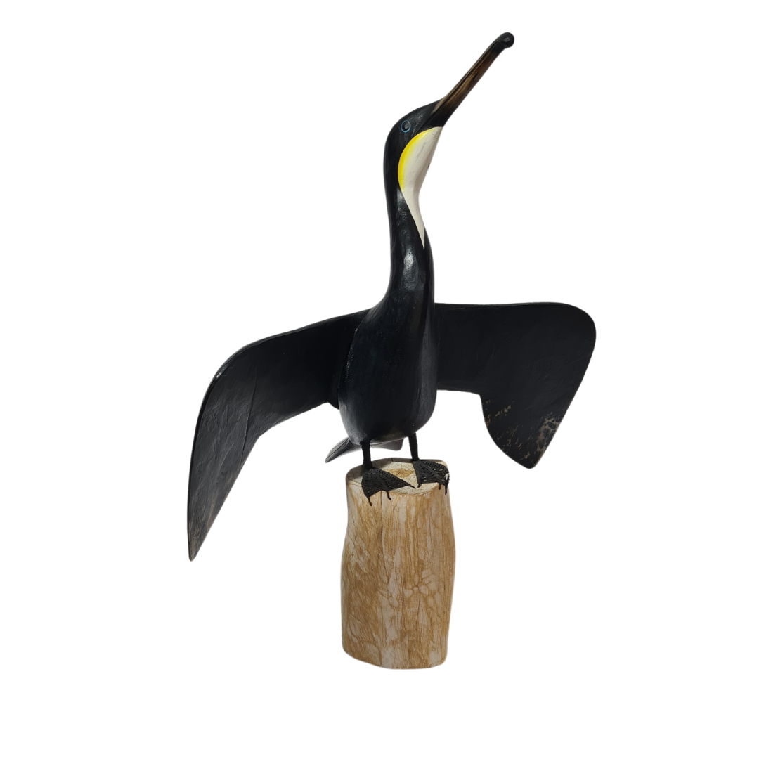 Cormorant bird figurine on post wings out 65 cm tall