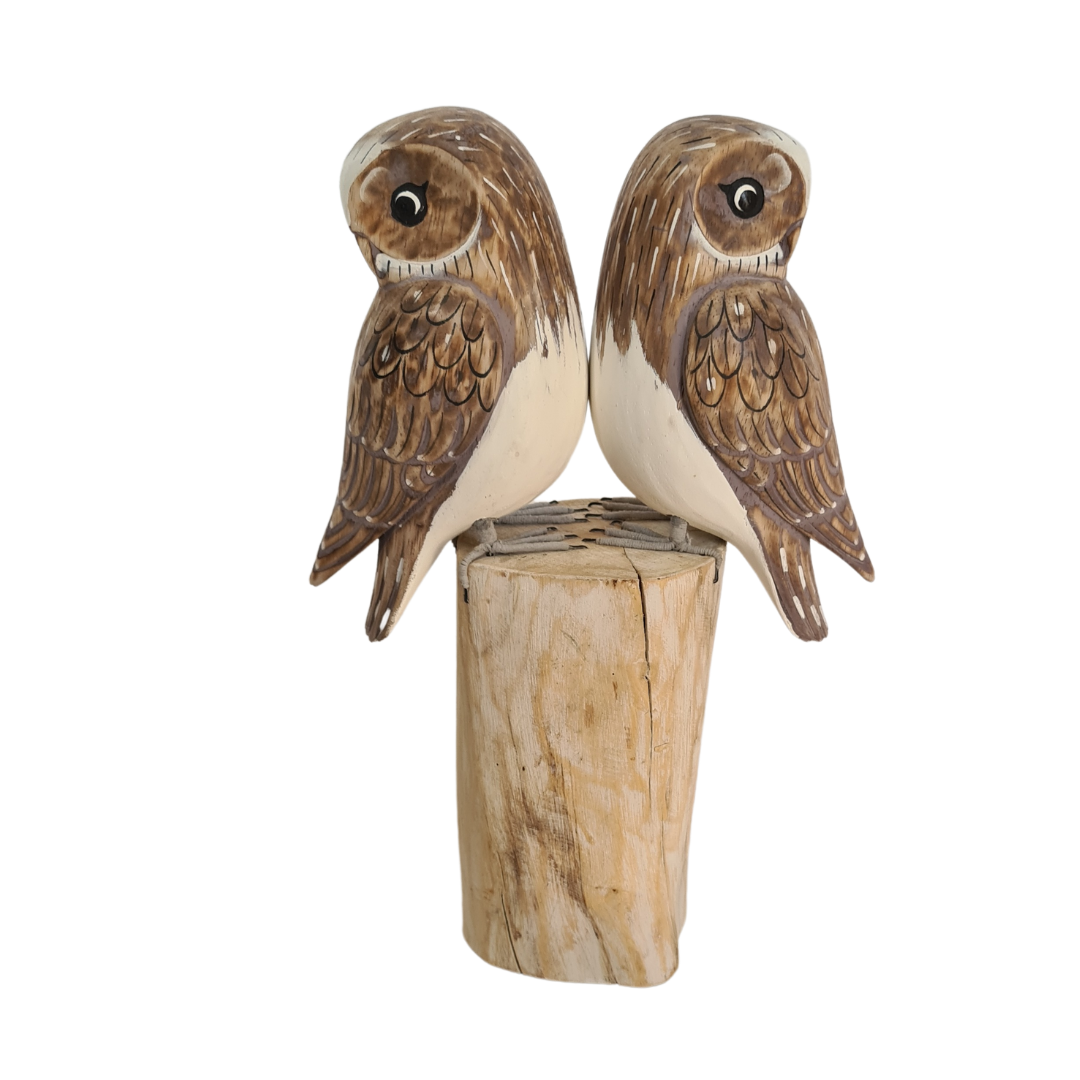 Owls wooden figures sitting on post 33 cm tall
