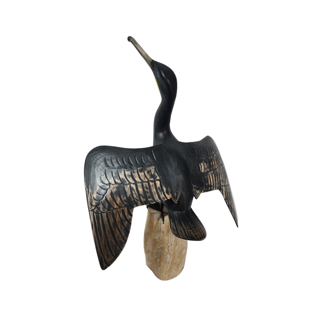 Cormorant bird figurine on post wings out 65 cm tall