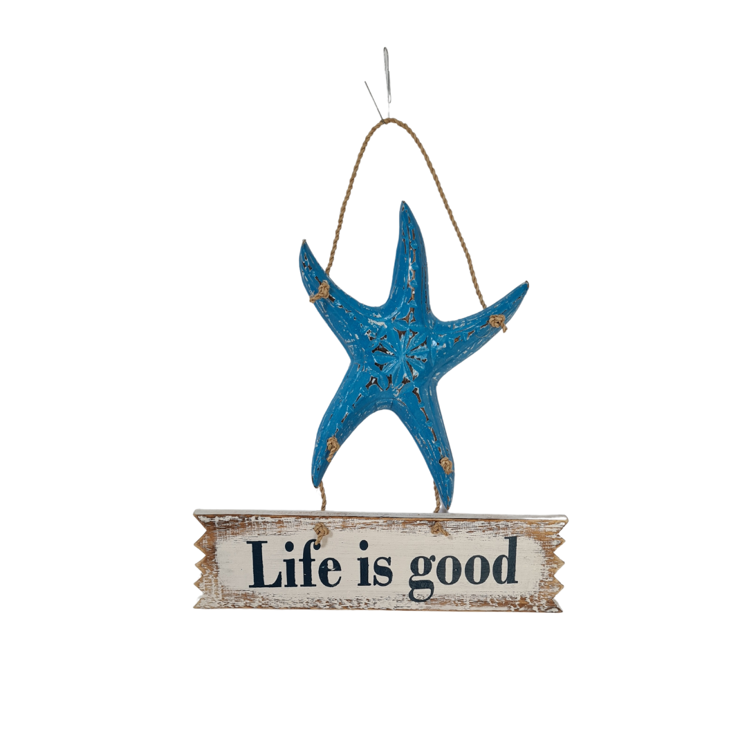 Wall hanging wooden blue star fish and sign &quot;life is good&quot; 30 cm