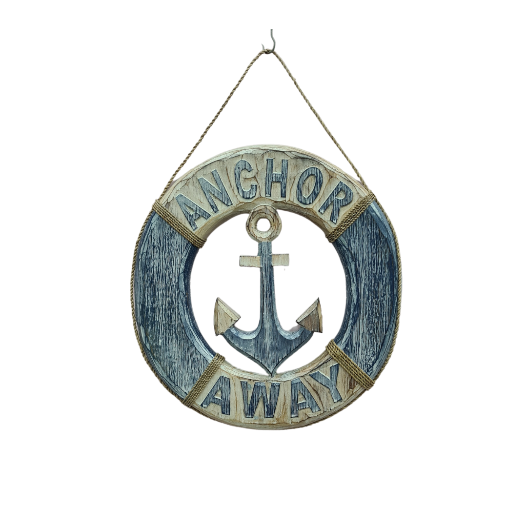 Wooden life buoy wall hanging &quot;anchor away&quot;