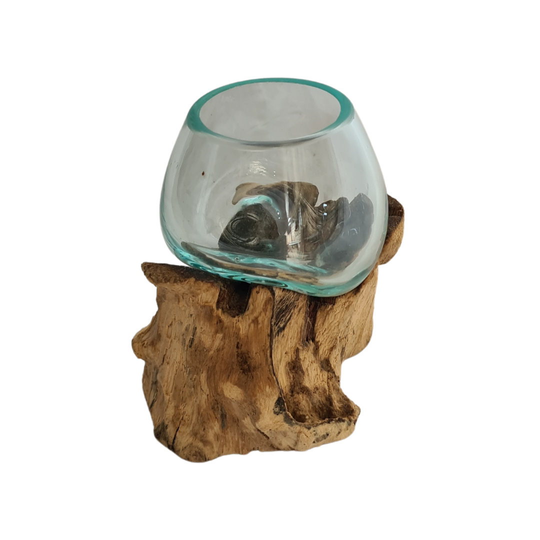 Glass bowl forged onto a timber block 8 cm diameter