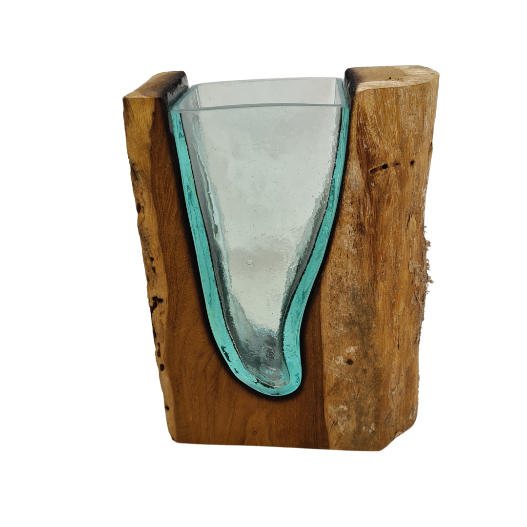 Glass vase in timber frame 24 cm high
