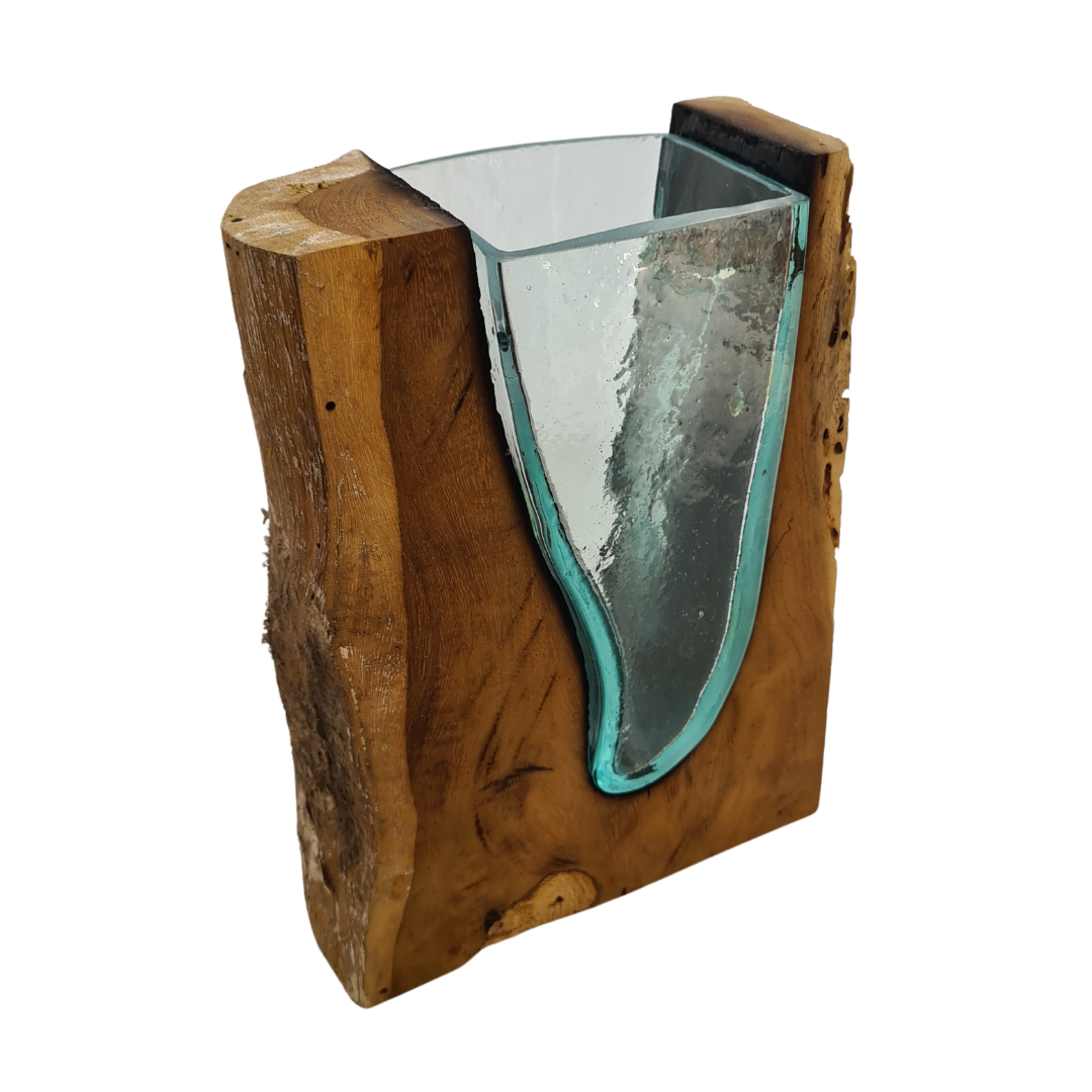 Glass vase in timber frame 24 cm high