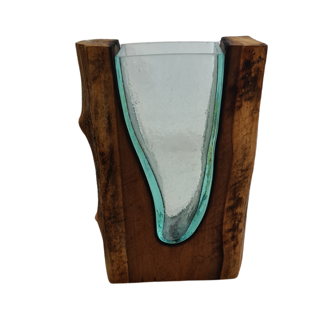 Glass vase in timber frame 24 cm high