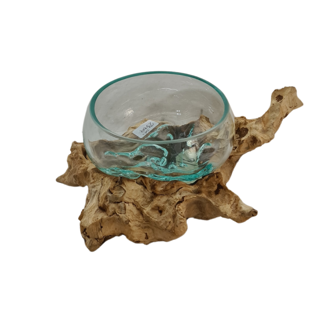 Open glass bowl 14 cm diameter sitting on timber stand
