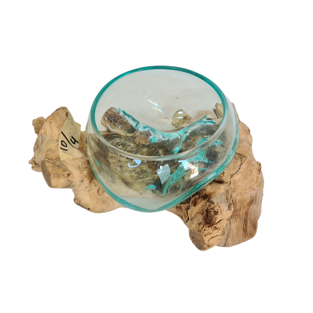 Open glass bowl in timber stand 16 cm diameter