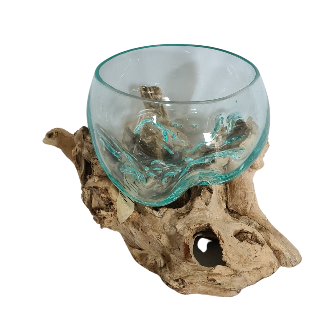 Open glass bowl 20 cm diameter sitting on timber stand