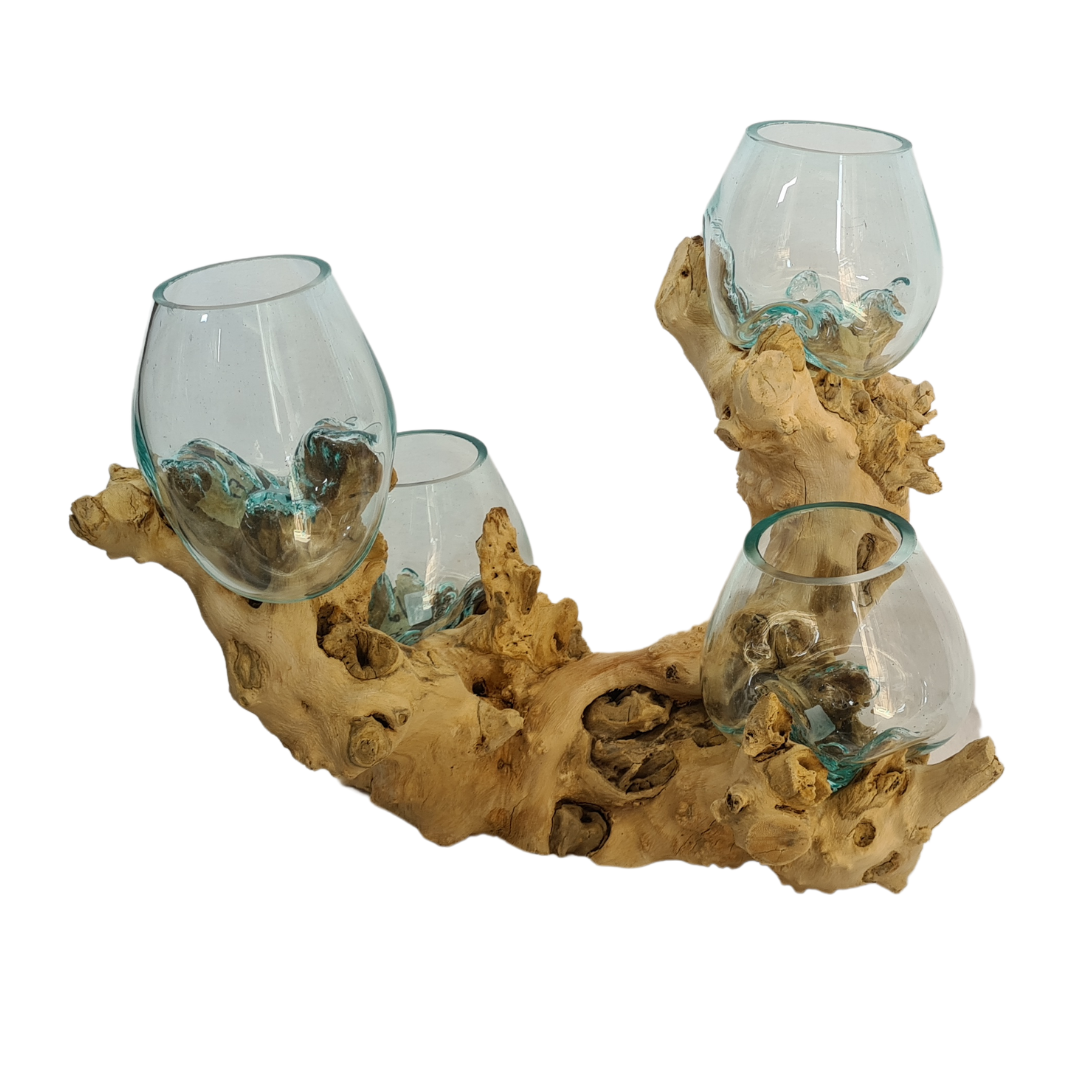 Glass jars, set of 4 hand blown 12 cm diameter forged to wooden stand