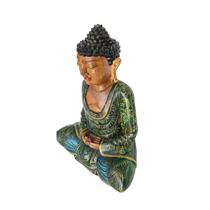 Budha wooden carved figure with hand painted motif&